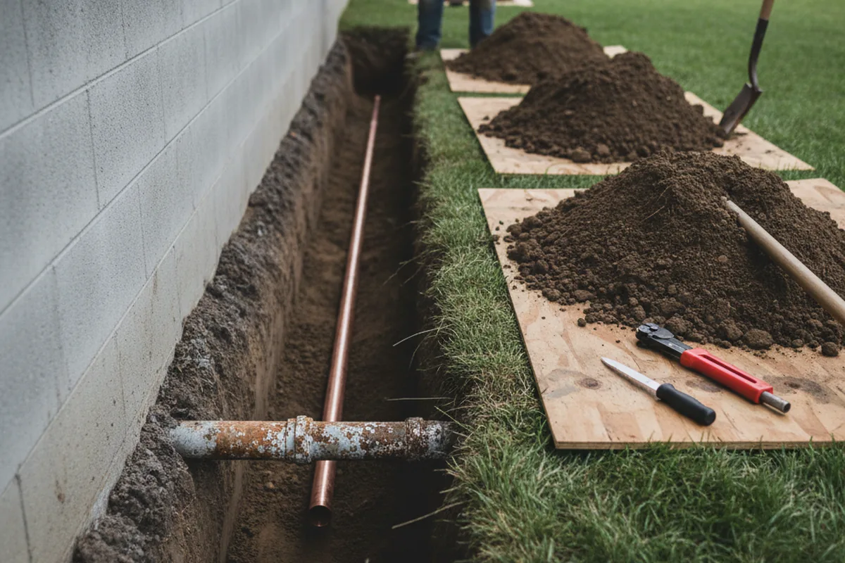 Excavated water line trench during Sewer Line Repair in Monte Rio